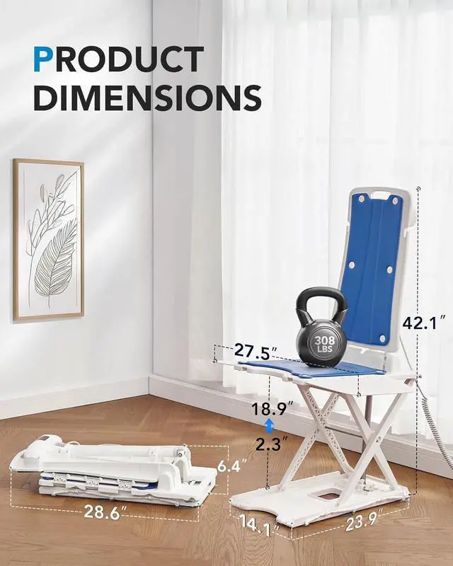 Alt view image 3 of 7 - HUANUO 2-in-1 Electric Chair Lift for Elderly Floor Lift & IP68 Waterproof Bath Lift for Tub, Foldable, 308 lbs Capacity, Remote Control, Height Adjustable 2.3"-18.9", for Fall Recovery & Home Care