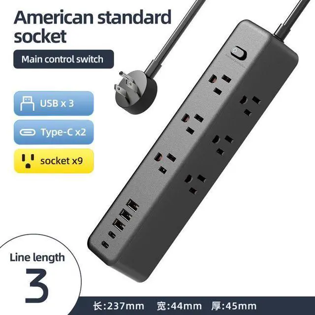 Main image of PD Fast Charging Power Strip Multi-Outlet Extension Cord with USB Ports & Dual Side Sockets for Home / Office 3M black