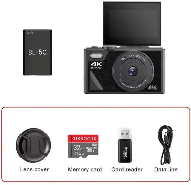 Main image of W1 Flip Screen CCD Camera 4K/5K HD Digital Camera with WiFi, Beauty Filter, Vlogging Camcorder W1 Black 4K+32G memory card set