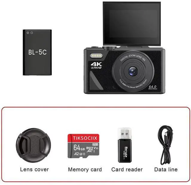 Main image of W1 Flip Screen CCD Camera 4K/5K HD Digital Camera with WiFi, Beauty Filter, Vlogging Camcorder W1 Black 4K+64G memory Card Set