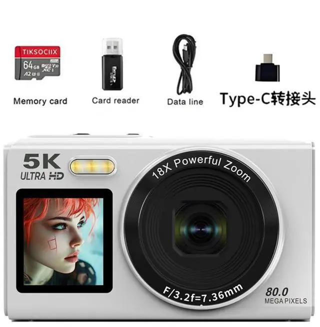Main image of 5K HD Dual Screen WiFi Digital Camera Portable Card Camera for Vlogging, Campus & Travel white 64G + card reader + Type-C adapter