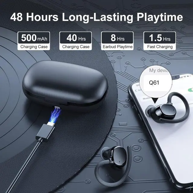 Alt view image 3 of 6 - Q61 Over-Ear Hook Bluetooth 5.2 Headphones In-Ear, HD Call, Digital Display, Smart Earbuds - black