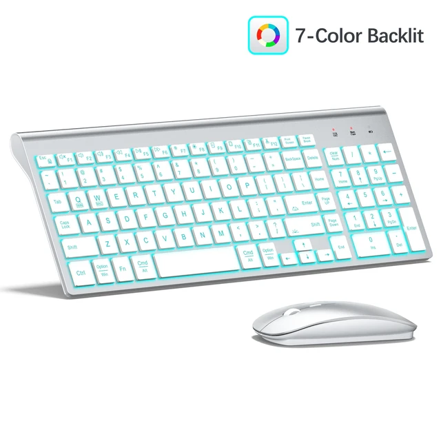 Main image of TopMate Wireless Backlit Keyboard and Mouse Ultra Slim Combo, 2.4G Silent Compact 2400DPI Mouse and Scissor Switch Keyboard Light up Set, for PC/Laptop/Windows/Mac/Gaming - Silver White