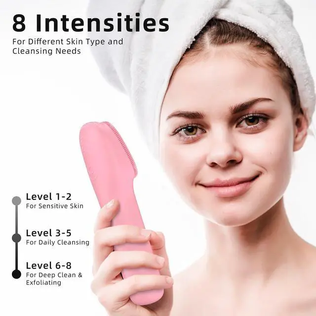 Alt view image 4 of 7 - Facial Cleansing Brush Portable Waterproof Rechargeable Face Wash Brush Electric Deep Cleaning for Men and Women (Pink)