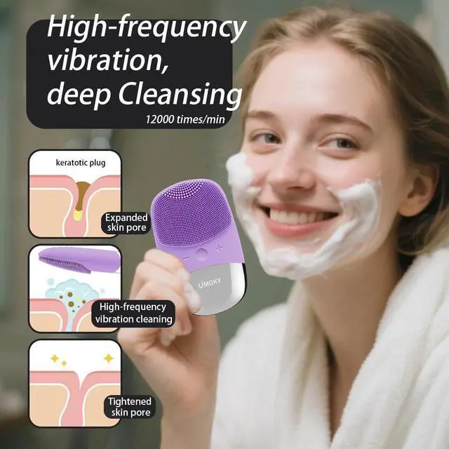 Alt view image 2 of 7 - Facial Cleansing Brush, 3-in-1 Electric Silicone Face Scrubber, Vibrating Massager, IPX7 Waterproof, USB Rechargeble Pore Brush for Deep Cleanning, Blackhead Remover, Exfoliating (Purple)