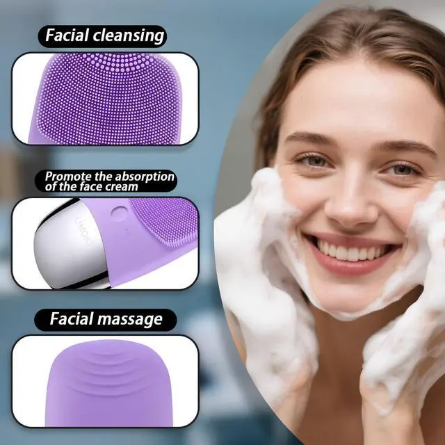 Alt view image 3 of 7 - Facial Cleansing Brush, 3-in-1 Electric Silicone Face Scrubber, Vibrating Massager, IPX7 Waterproof, USB Rechargeble Pore Brush for Deep Cleanning, Blackhead Remover, Exfoliating (Purple)