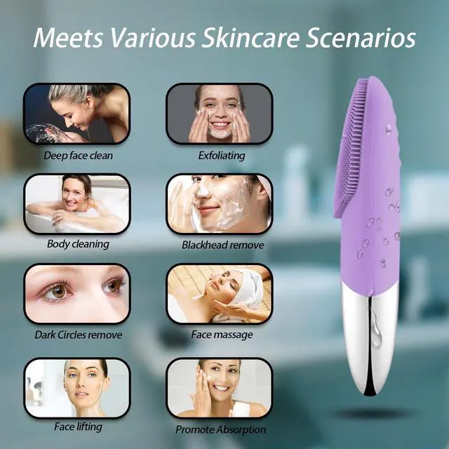 Alt view image 5 of 7 - Facial Cleansing Brush, 3-in-1 Electric Silicone Face Scrubber, Vibrating Massager, IPX7 Waterproof, USB Rechargeble Pore Brush for Deep Cleanning, Blackhead Remover, Exfoliating (Purple)