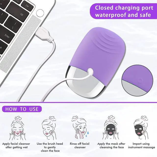 Alt view image 7 of 7 - Facial Cleansing Brush, 3-in-1 Electric Silicone Face Scrubber, Vibrating Massager, IPX7 Waterproof, USB Rechargeble Pore Brush for Deep Cleanning, Blackhead Remover, Exfoliating (Purple)