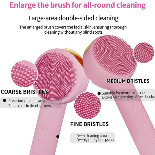 Alt view image 4 of 7 - Facial Cleansing Brush Electric Rechargeable Silicone Face Scrubber, Waterproof Vibrating Cleaner with 5 Adjustable Intensities for Deep Cleansing and Exfoliation (Pink)