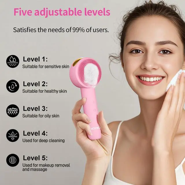 Alt view image 3 of 7 - Facial Cleansing Brush Electric Rechargeable Silicone Face Scrubber, Waterproof Vibrating Cleaner with 5 Adjustable Intensities for Deep Cleansing and Exfoliation (Pink)