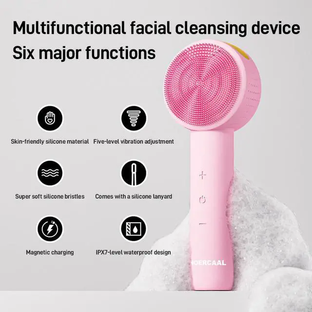 Alt view image 6 of 7 - Facial Cleansing Brush Electric Rechargeable Silicone Face Scrubber, Waterproof Vibrating Cleaner with 5 Adjustable Intensities for Deep Cleansing and Exfoliation (Pink)