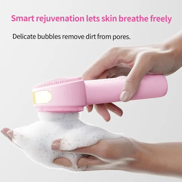 Alt view image 7 of 7 - Facial Cleansing Brush Electric Rechargeable Silicone Face Scrubber, Waterproof Vibrating Cleaner with 5 Adjustable Intensities for Deep Cleansing and Exfoliation (Pink)