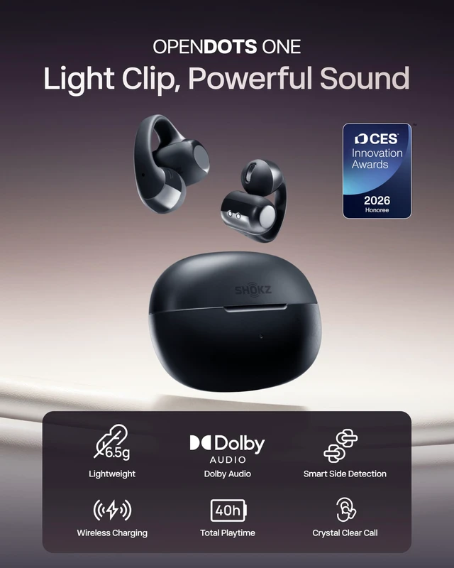 Alt view image 3 of 7 - OpenDots ONE Open-Ear Clip-On Bluetooth Earbuds, Black, Dolby Audio Clip-on design; Open ear awareness; Lightweight secure fit; Dolby Audio; 40H listening; Travel/Commuting/Yoga use