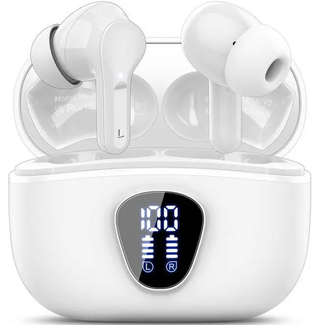 Main image of Wireless Earbuds, Bluetooth 5.4 Headphones HiFi Stereo, Bluetooth Earbuds with ENC Noise Cancelling Mic, IP7 Waterproof in Ear Earphones, 48H, LED Display Ear buds for Pad Phones Workout Sports, White