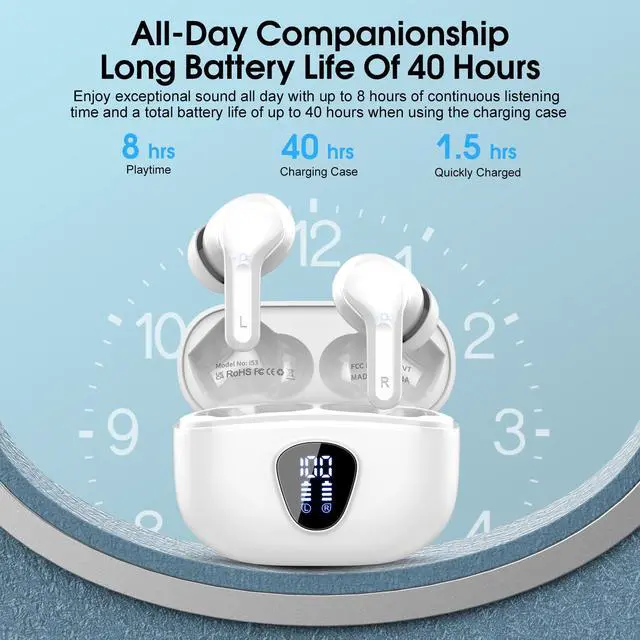 Alt view image 4 of 7 - Wireless Earbuds, Bluetooth 5.4 Headphones HiFi Stereo, Bluetooth Earbuds with ENC Noise Cancelling Mic, IP7 Waterproof in Ear Earphones, 48H, LED Display Ear buds for Pad Phones Workout Sports, White