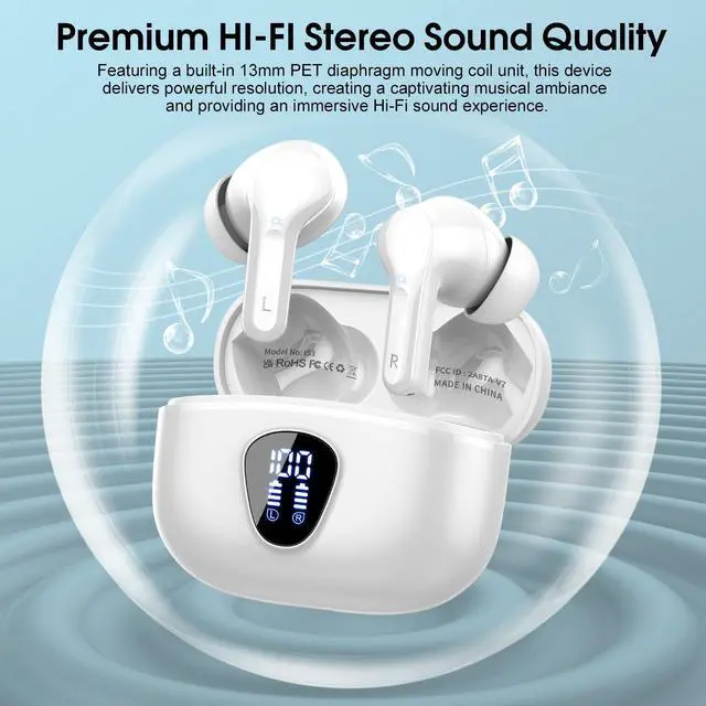 Alt view image 6 of 7 - Wireless Earbuds, Bluetooth 5.4 Headphones HiFi Stereo, Bluetooth Earbuds with ENC Noise Cancelling Mic, IP7 Waterproof in Ear Earphones, 48H, LED Display Ear buds for Pad Phones Workout Sports, White