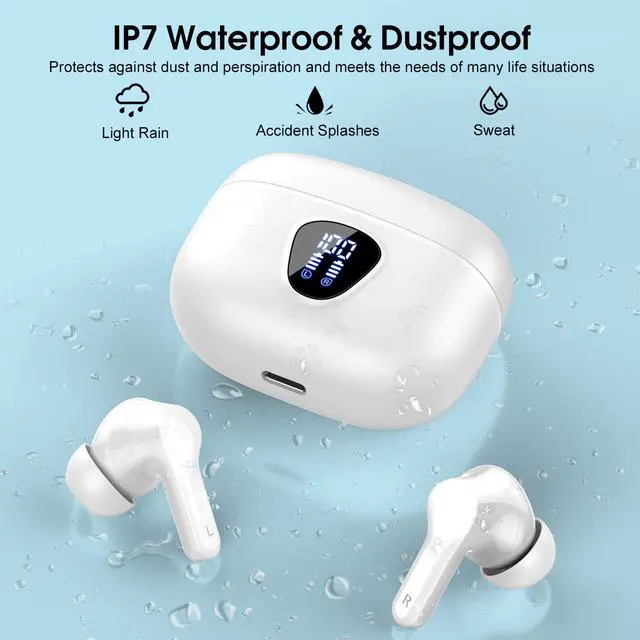 Alt view image 7 of 7 - Wireless Earbuds, Bluetooth 5.4 Headphones HiFi Stereo, Bluetooth Earbuds with ENC Noise Cancelling Mic, IP7 Waterproof in Ear Earphones, 48H, LED Display Ear buds for Pad Phones Workout Sports, White