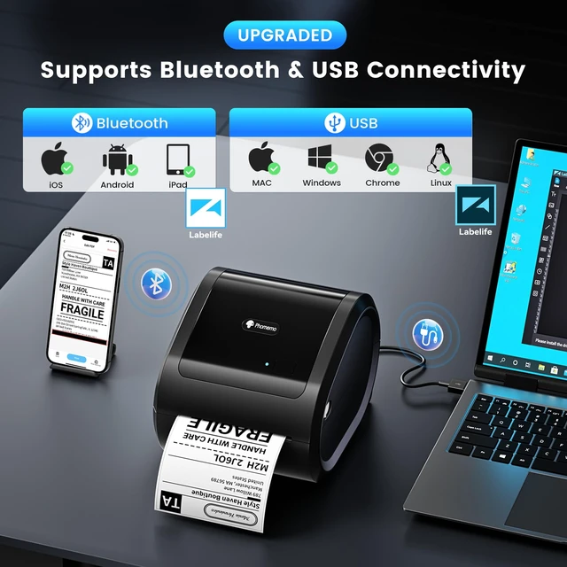 Alt view image 6 of 7 - Phomemo D520BT Thermal Label Printer for Business with Built-in Paper Bin | 4x6 Bluetooth Shipping Label Printer for Small Business & Packages, Compatible with Android, iOS, PC, Amazon, Shopify, USPS
