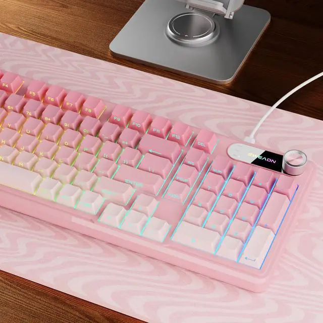 Main image of V102 Wired Keyboard, 98 Keys Creamy Gaming Keyboard with Number Pad, Display Screen & Media Knob RGB Silent Wired Cute Computer Keyboard for Laptop PC Gamer - Gradient Pink