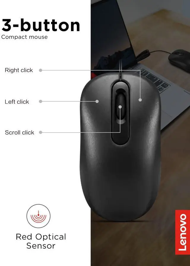 Alt view image 5 of 7 - 100 Wired USB Computer Mouse for PC, Laptop, Computer with Windows - Full-Size - Ambidextrous Design - 3 Buttons - Red Optical Sensor Black