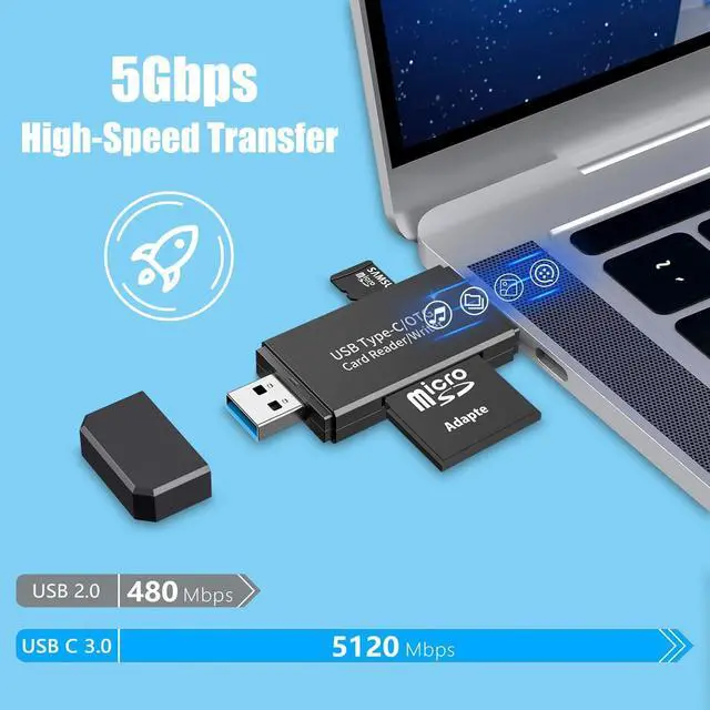 Alt view image 3 of 7 - SD Card Reader USB 3.0 & USB C, Micro SD Card Reader Adapter for SD/Micro SD/SDHC/MMC, High Speed Memory Card Reader Compatible with MacBook Pro/Air, Chromebook, Android Galaxy, WindowsPlug and Play
