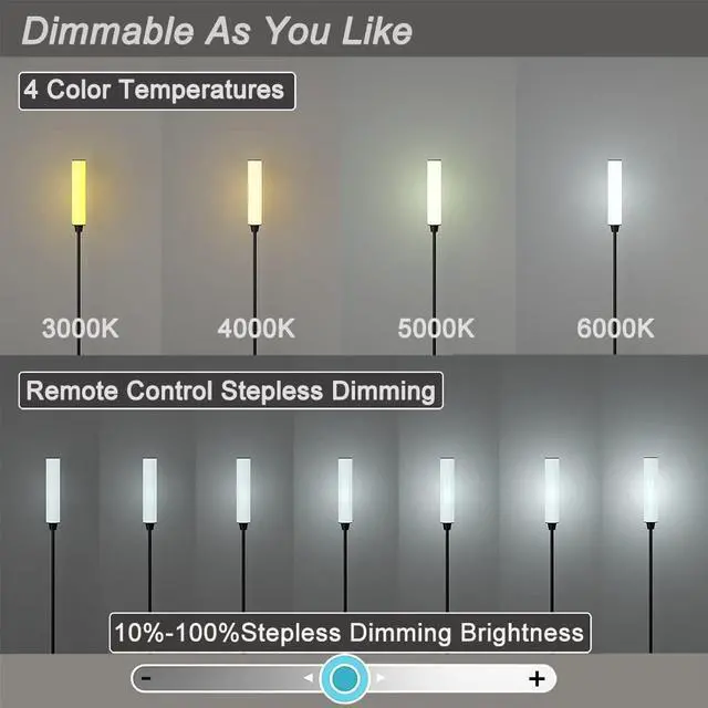 Alt view image 3 of 6 - Floor Lamp with Remote Control,Bright Floor Lamps for Living Room/Bedroom/Office, Stepless Adjustable 3000K-6000K Colors and 10-100% Brightness,Standing Light with Foot Switch (Black)