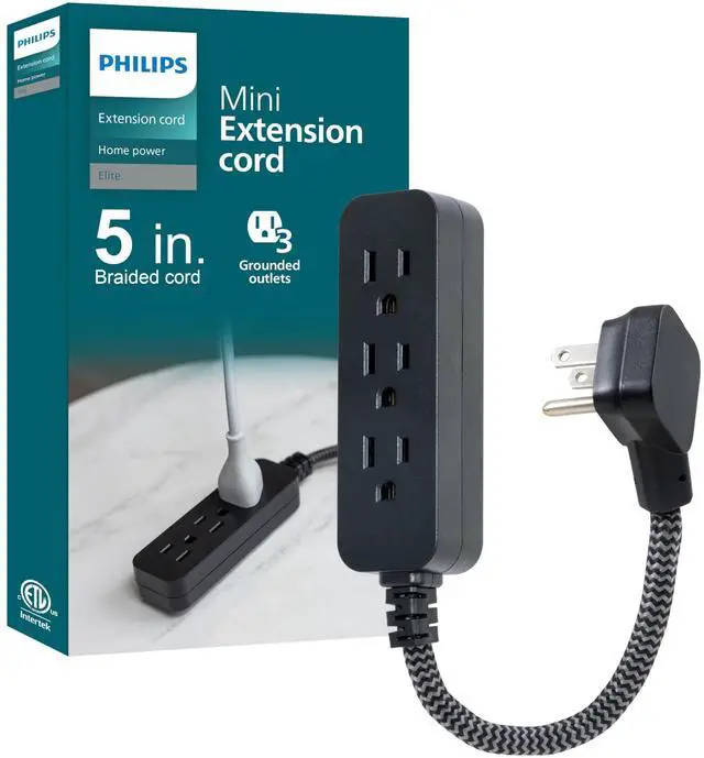 Main image of 3-Outlet Grounded Mini Extension Cord, 5 Inch Indoor Extension Cord, Flat Plug Power Strip, Short Power Strip Flat Plug, Braided Cord, ETL Listed, Black, SPS3934BW/37
