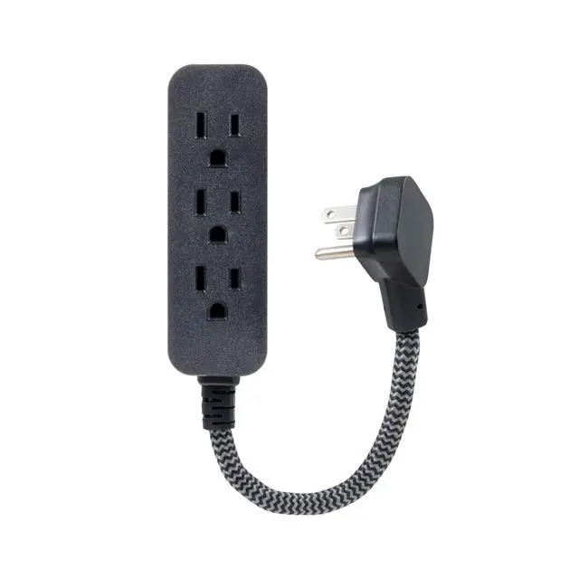 Alt view image 2 of 5 - 3-Outlet Grounded Mini Extension Cord, 5 Inch Indoor Extension Cord, Flat Plug Power Strip, Short Power Strip Flat Plug, Braided Cord, ETL Listed, Black, SPS3934BW/37