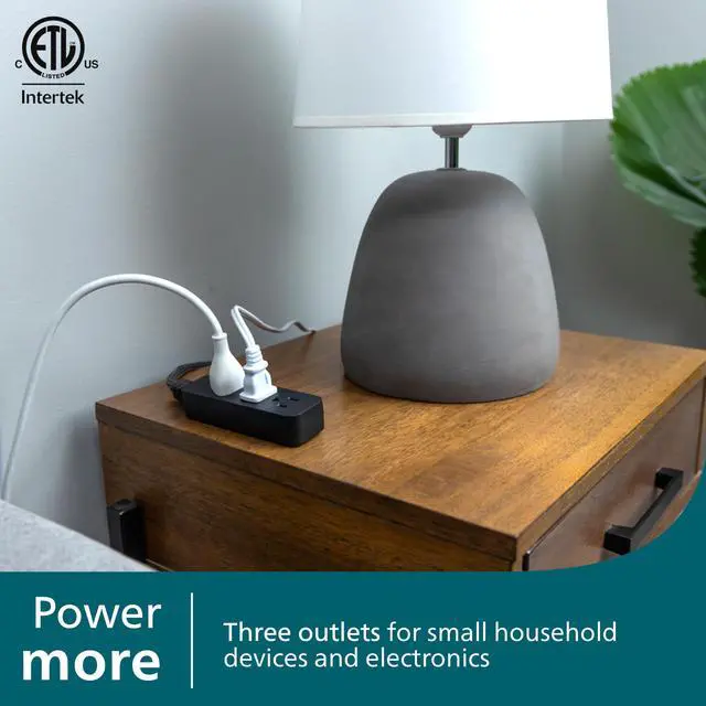 Alt view image 3 of 5 - 3-Outlet Grounded Mini Extension Cord, 5 Inch Indoor Extension Cord, Flat Plug Power Strip, Short Power Strip Flat Plug, Braided Cord, ETL Listed, Black, SPS3934BW/37