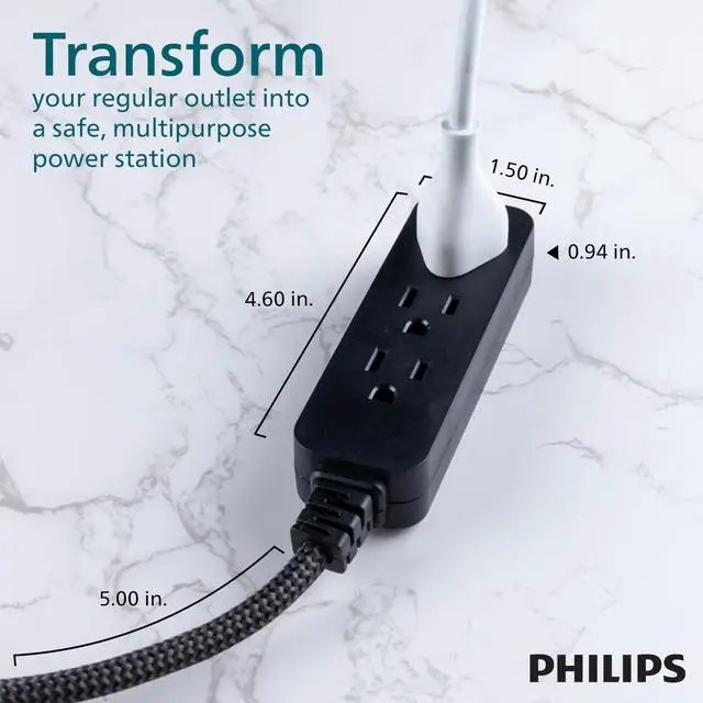 Alt view image 4 of 5 - 3-Outlet Grounded Mini Extension Cord, 5 Inch Indoor Extension Cord, Flat Plug Power Strip, Short Power Strip Flat Plug, Braided Cord, ETL Listed, Black, SPS3934BW/37