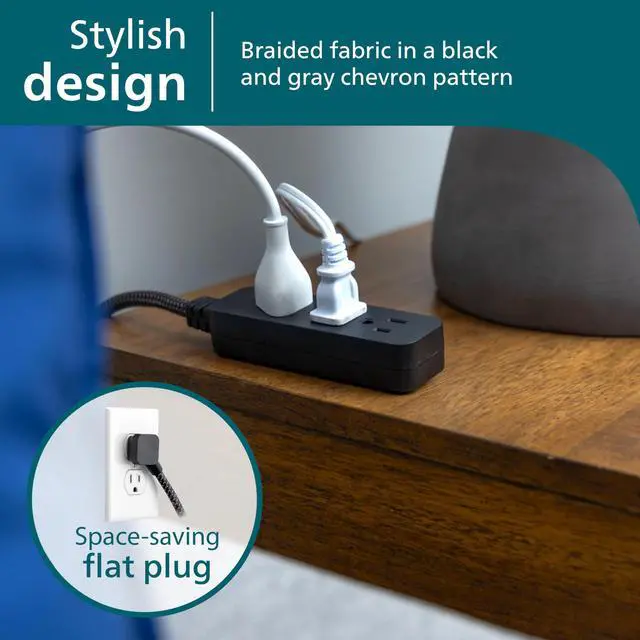 Alt view image 5 of 5 - 3-Outlet Grounded Mini Extension Cord, 5 Inch Indoor Extension Cord, Flat Plug Power Strip, Short Power Strip Flat Plug, Braided Cord, ETL Listed, Black, SPS3934BW/37