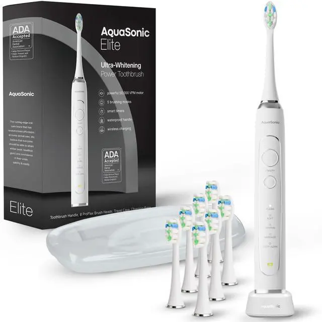 Main image of Elite Ultra-Whitening Toothbrush ADA Accepted Power Toothbrush - 8 Proflex Brush Heads & Travel Case 50,000 VPM Motor & Wireless Charging - 5 Modes w Smart Timer (White)