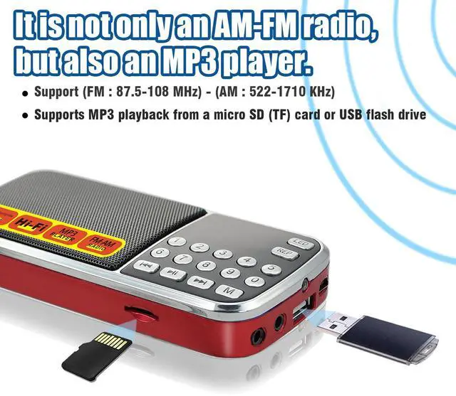 Alt view image 2 of 7 - Small Radios Portable AM FM:Battery Powered Radio Support USB Flash Disk/Micro SD Card MP3 Playback TF Card Slot Digital Buttons Bass Diaphragm Pocket Radio with Excellent Reception and Sound Quality