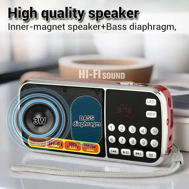 Alt view image 5 of 7 - Small Radios Portable AM FM:Battery Powered Radio Support USB Flash Disk/Micro SD Card MP3 Playback TF Card Slot Digital Buttons Bass Diaphragm Pocket Radio with Excellent Reception and Sound Quality