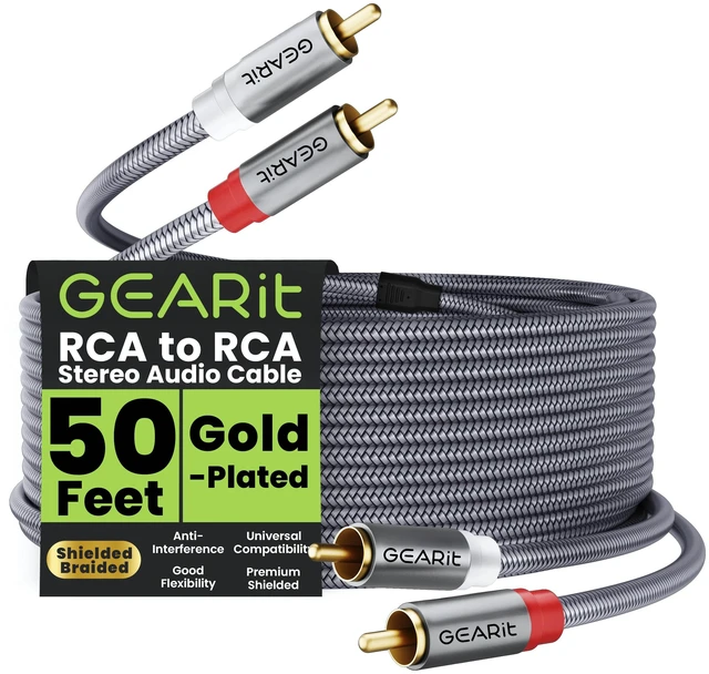 Main image of GEARit RCA to RCA Cables 50ft Car Audio Subwoofer Cable Shielded Stereo | Male to Male, Oxygen-Free Copper, Dual Shielded, Gold Plated Connectors, Amplifier Turntable Receiver Mixer