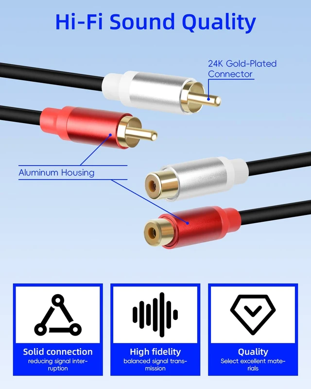 Alt view image 2 of 7 - 2Pack RCA Extension Cable 1FT, Short 2RCA Male to 2RCA Female Stereo Audio Cable for Subwoofer, Speaker, Home Theatre and More (M to F)