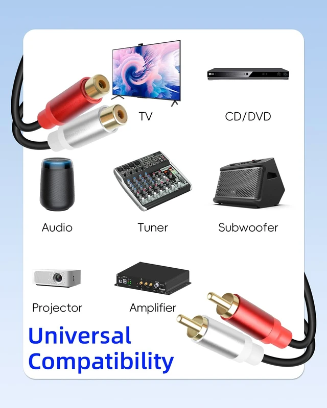 Alt view image 5 of 7 - 2Pack RCA Extension Cable 1FT, Short 2RCA Male to 2RCA Female Stereo Audio Cable for Subwoofer, Speaker, Home Theatre and More (M to F)