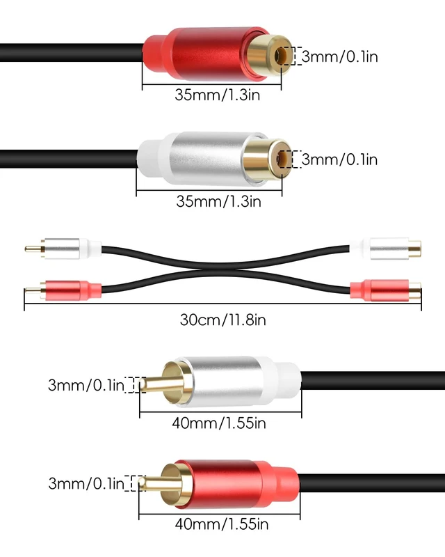 Alt view image 7 of 7 - 2Pack RCA Extension Cable 1FT, Short 2RCA Male to 2RCA Female Stereo Audio Cable for Subwoofer, Speaker, Home Theatre and More (M to F)