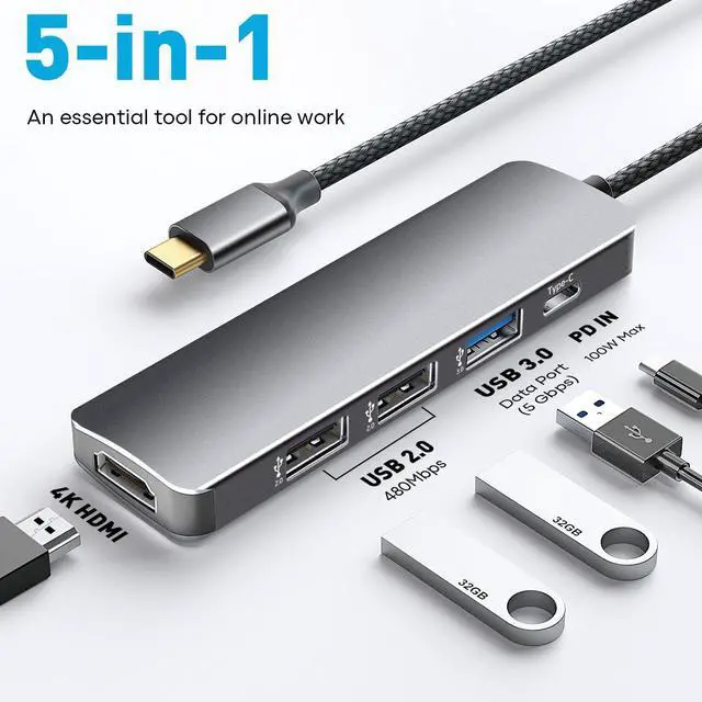 Alt view image 2 of 7 - USB C Hub 5-in-1 for MacBook Pro/Air, 4K HDMI Multiport Adapter with 100W Power Delivery, 3*USB A Data Ports, USBC Dongle for Dell, HP, ASUS, Acer and Other Type C Laptops