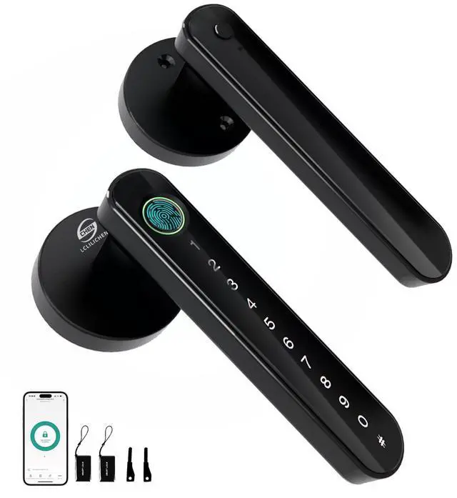 Main image of Smart Electronic Fingerprint Door Lock, Keyless Entry with Handle, Codes, APP, IC Cards, Fingerprints, Keys, for Home Bedroom Apartment (Black)