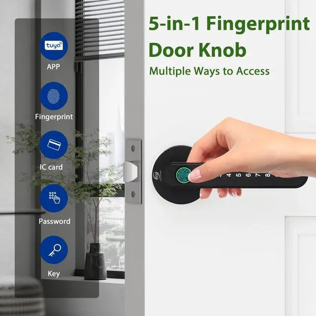 Alt view image 2 of 6 - Smart Electronic Fingerprint Door Lock, Keyless Entry with Handle, Codes, APP, IC Cards, Fingerprints, Keys, for Home Bedroom Apartment (Black)