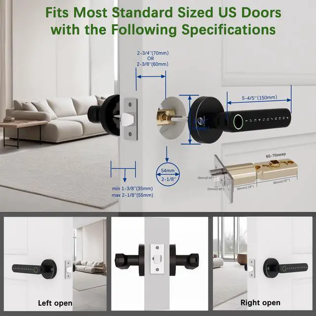 Alt view image 6 of 6 - Smart Electronic Fingerprint Door Lock, Keyless Entry with Handle, Codes, APP, IC Cards, Fingerprints, Keys, for Home Bedroom Apartment (Black)