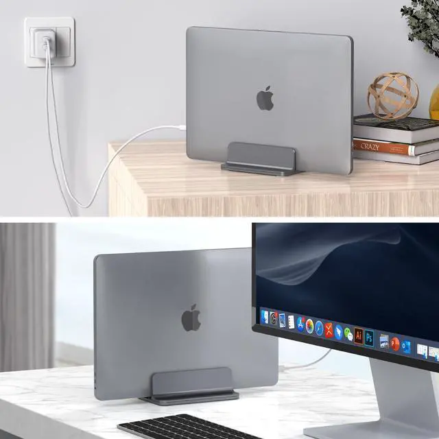 Alt view image 5 of 7 - Aluminum Vertical Laptop Stand for Desk - Adjustable Width Dock for MacBook, Surface, Samsung, HP, Dell up to 17.3 inches - Space-Saving & Protective Design - Gray
