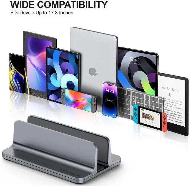 Alt view image 7 of 7 - Aluminum Vertical Laptop Stand for Desk - Adjustable Width Dock for MacBook, Surface, Samsung, HP, Dell up to 17.3 inches - Space-Saving & Protective Design - Gray