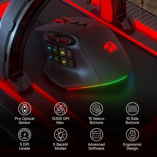 Alt view image 3 of 7 - MMO Gaming Mouse, 15 Programmable Buttons Wired RGB Mouse w/Ergonomic Natural Grip Build, 10 Side Macro Keys, Software Supports DIY Keybinds & Backlit