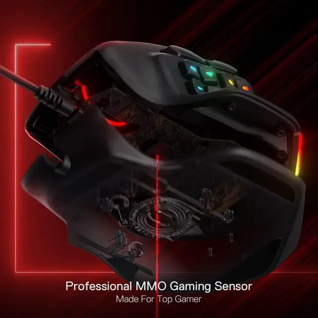 Alt view image 4 of 7 - MMO Gaming Mouse, 15 Programmable Buttons Wired RGB Mouse w/Ergonomic Natural Grip Build, 10 Side Macro Keys, Software Supports DIY Keybinds & Backlit
