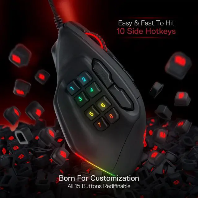 Alt view image 6 of 7 - MMO Gaming Mouse, 15 Programmable Buttons Wired RGB Mouse w/Ergonomic Natural Grip Build, 10 Side Macro Keys, Software Supports DIY Keybinds & Backlit
