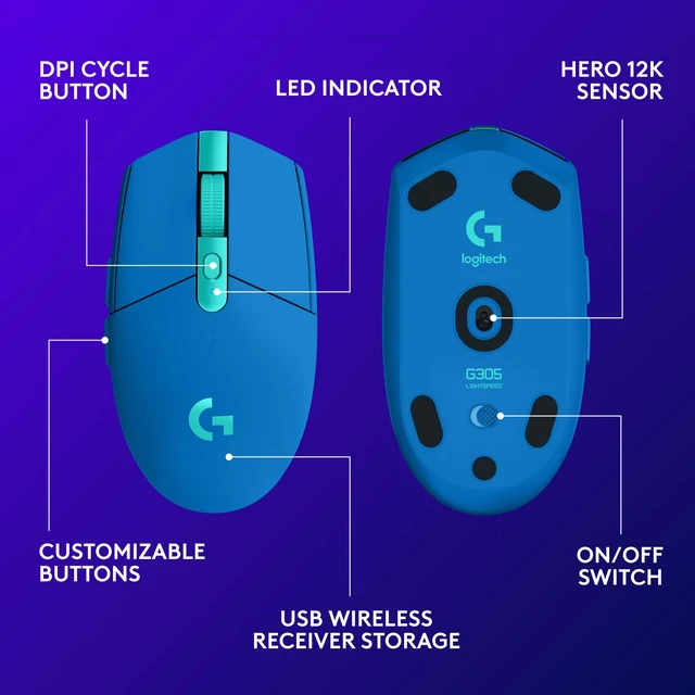 Alt view image 6 of 7 - Lightspeed Wireless Gaming Mouse - Blue | 12,000 DPI, Lightweight, 6 Programmable Buttons, 250h Battery, On-Board Memory, Compatible with PC and Mac