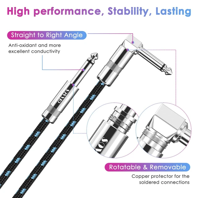 Alt view image 4 of 7 - 10FT 2 Pack Instrument Cable - Electric & Bass Guitar, Keyboard, AMP Cord - 1/4 Inch Right Angle Black & Blue