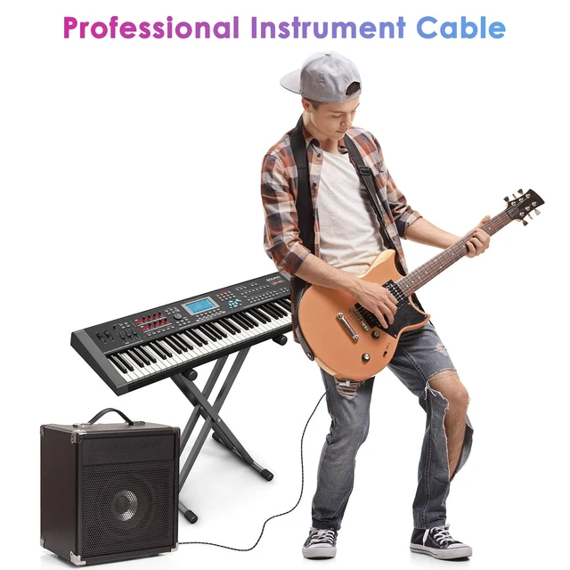 Alt view image 7 of 7 - 10FT 2 Pack Instrument Cable - Electric & Bass Guitar, Keyboard, AMP Cord - 1/4 Inch Right Angle Black & Blue